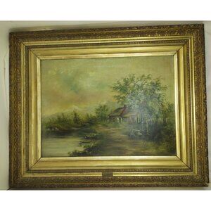 Antique A.S. Austen Original Oil Painting Cottage Lake Landscape Framed